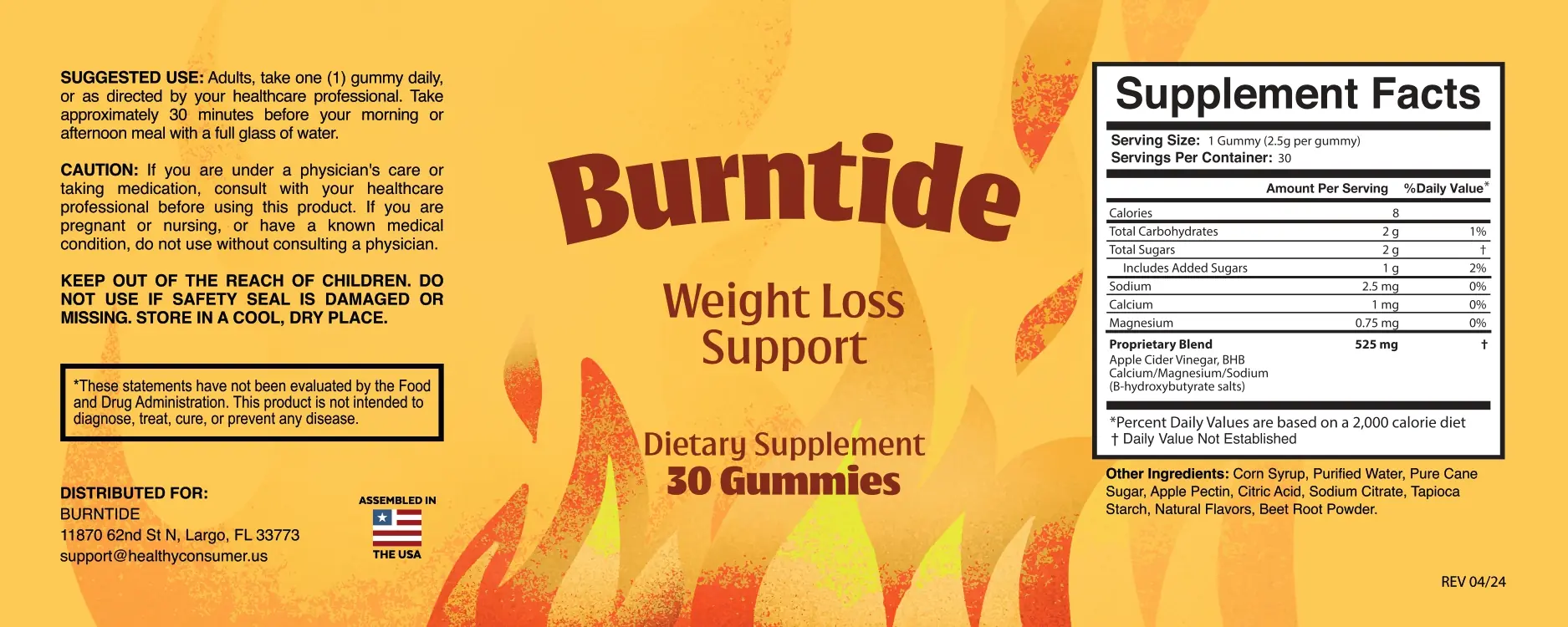 Full Burntide label showing serving directions, Supplement Facts and other ingredients