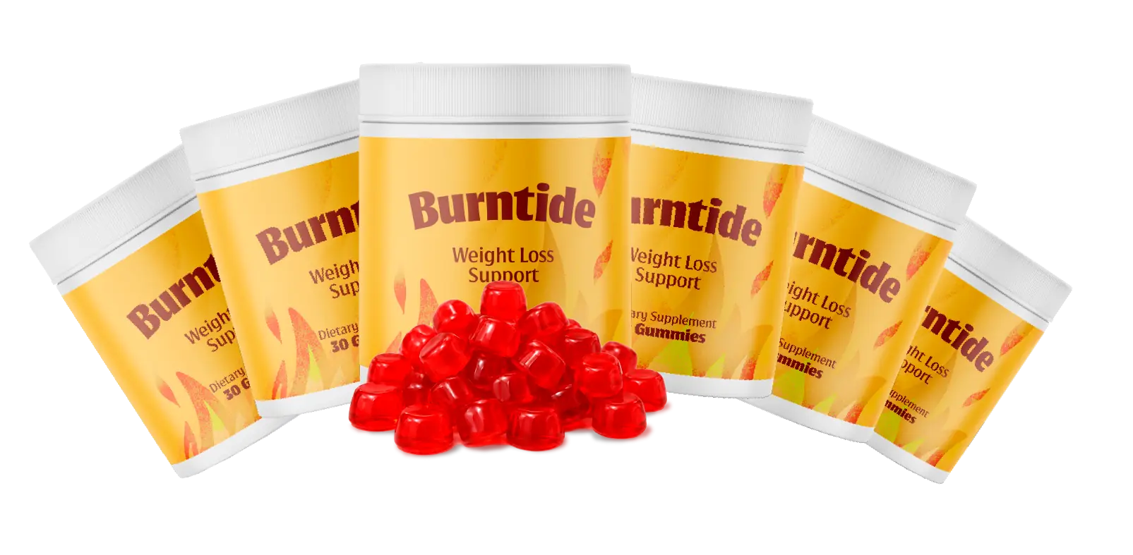 Six jars of Burntide weight-loss support gummies with red gummies in front